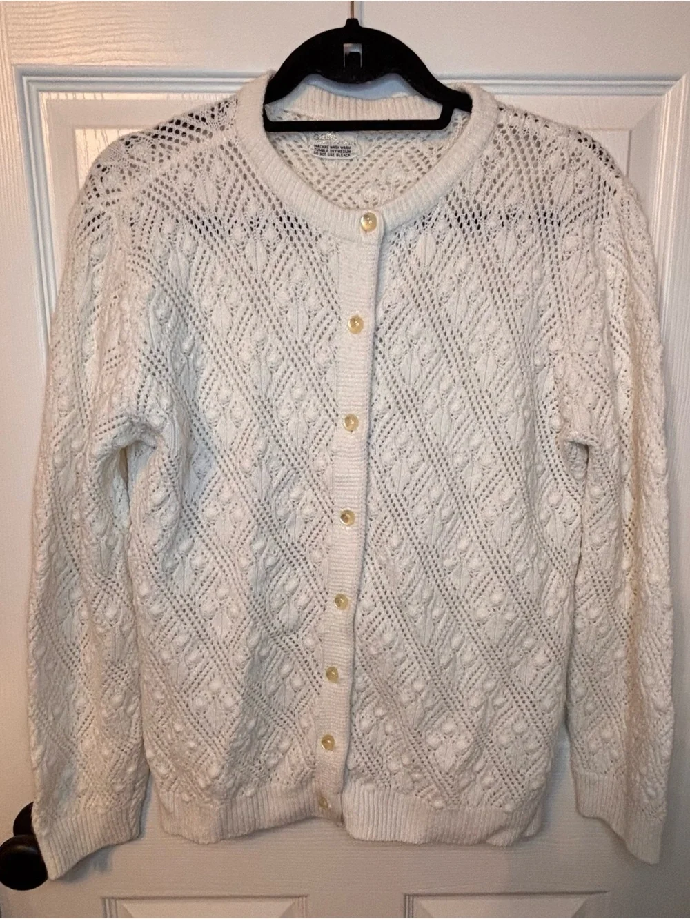 Vintage It’s Pure Gould Ivory Pointelle Cable Knit Cardigan Sweater Made USA